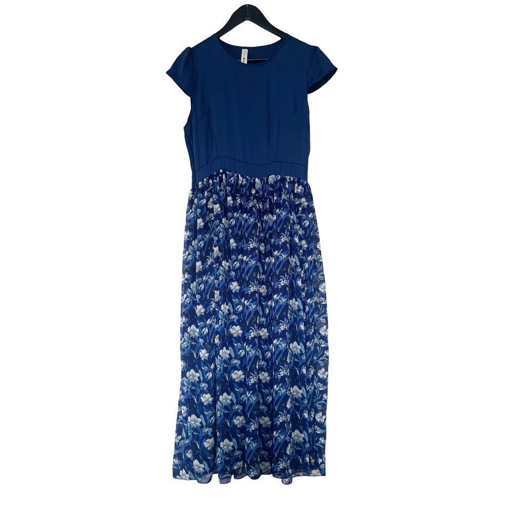 Navy Blue Floral Chiffon Maxi Dress Coastal Cottagecore XL” - Picture 2 of 7